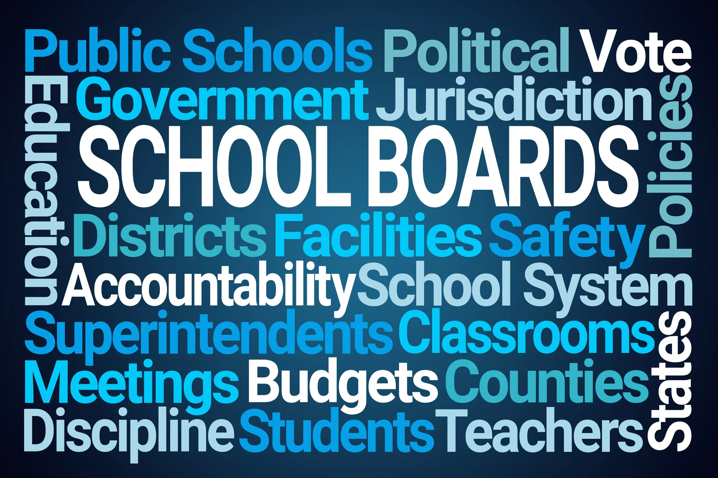 Word cloud with terms related to public school governance, including 'School Boards,' 'Superintendents,' 'Classrooms,' 'Students,' 'Teachers,' 'Affordable,' 'Budgets,' 'Discipline,' 'Accountability,' 'Facilities,' 'Safety,' 'Districts,' 'Counties,' 'State,' 'System,' 'Policy,' 'Jurisdiction,' 'Government,' 'Public Schools,' 'Polls,' and 'Vote'.