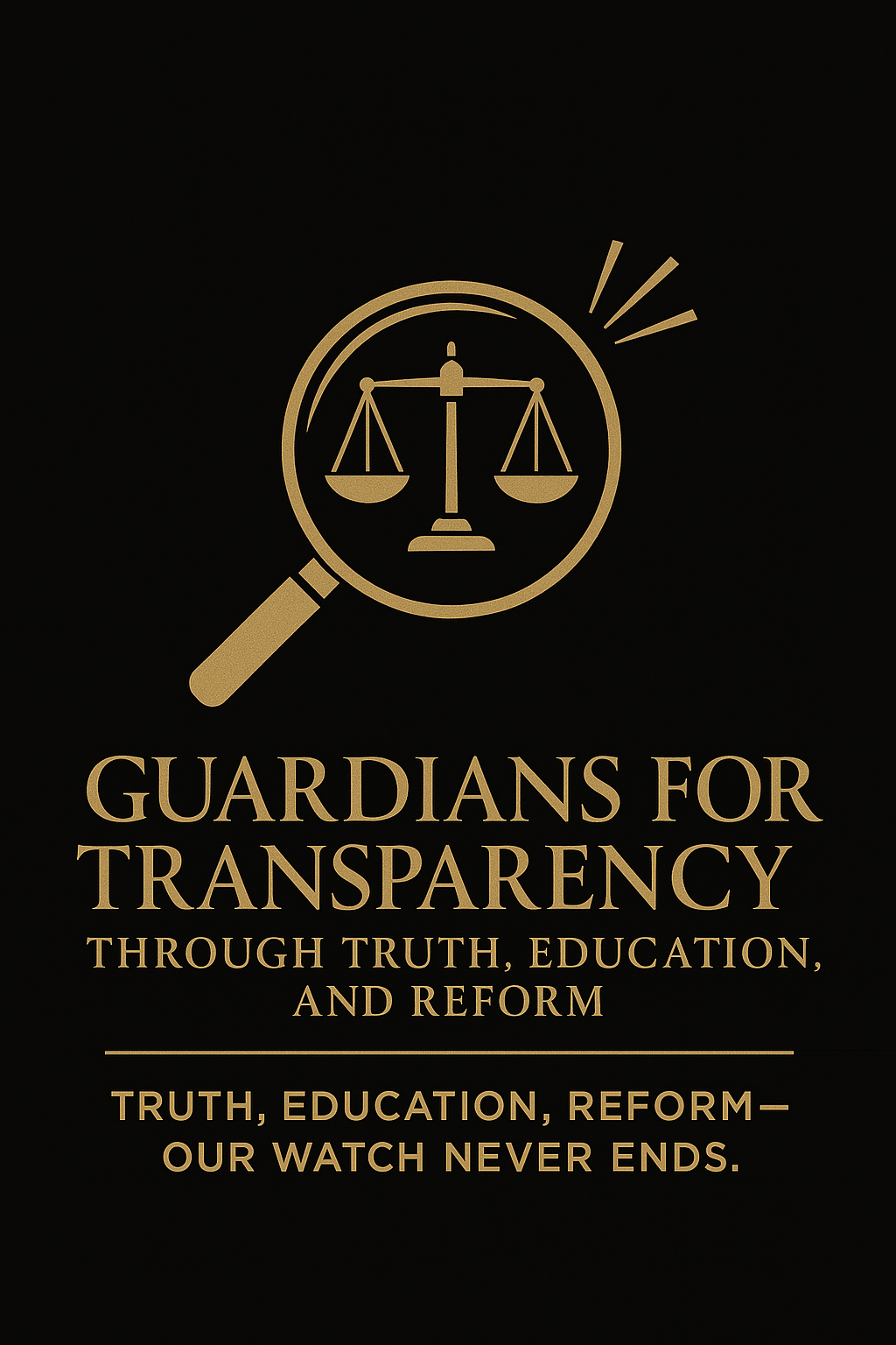 A graphical poster features a magnifying glass with a scale inside and lines emphasizing it, along with the text 'Guardians for Transparency through Truth, Education, and Reform' and a slogan 'Truth, Education, Reform—Our Watch Never Ends.' in gold on a black background.