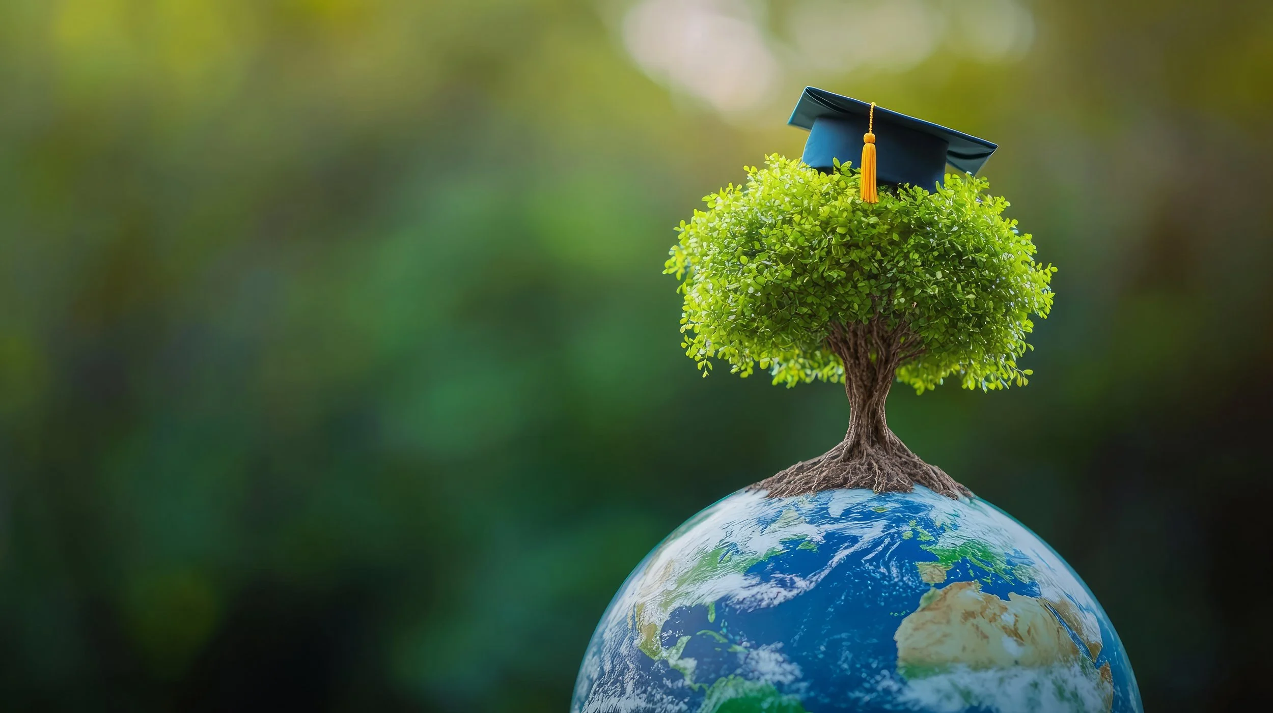 Illustration of a small tree with green leaves growing on top of the Earth, wearing a blue graduation cap with a yellow tassel.