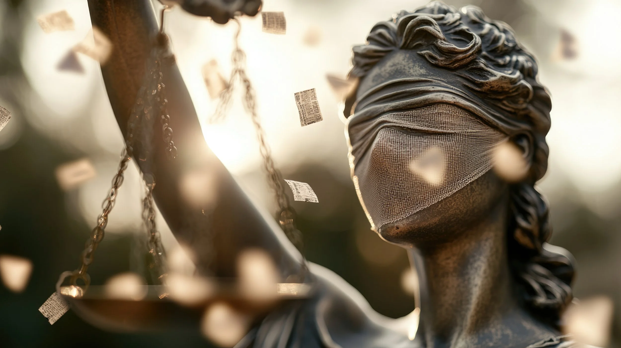 Close-up of a statue of Lady Justice with a blindfold, surrounded by floating newspaper clippings and sunlight backlighting.