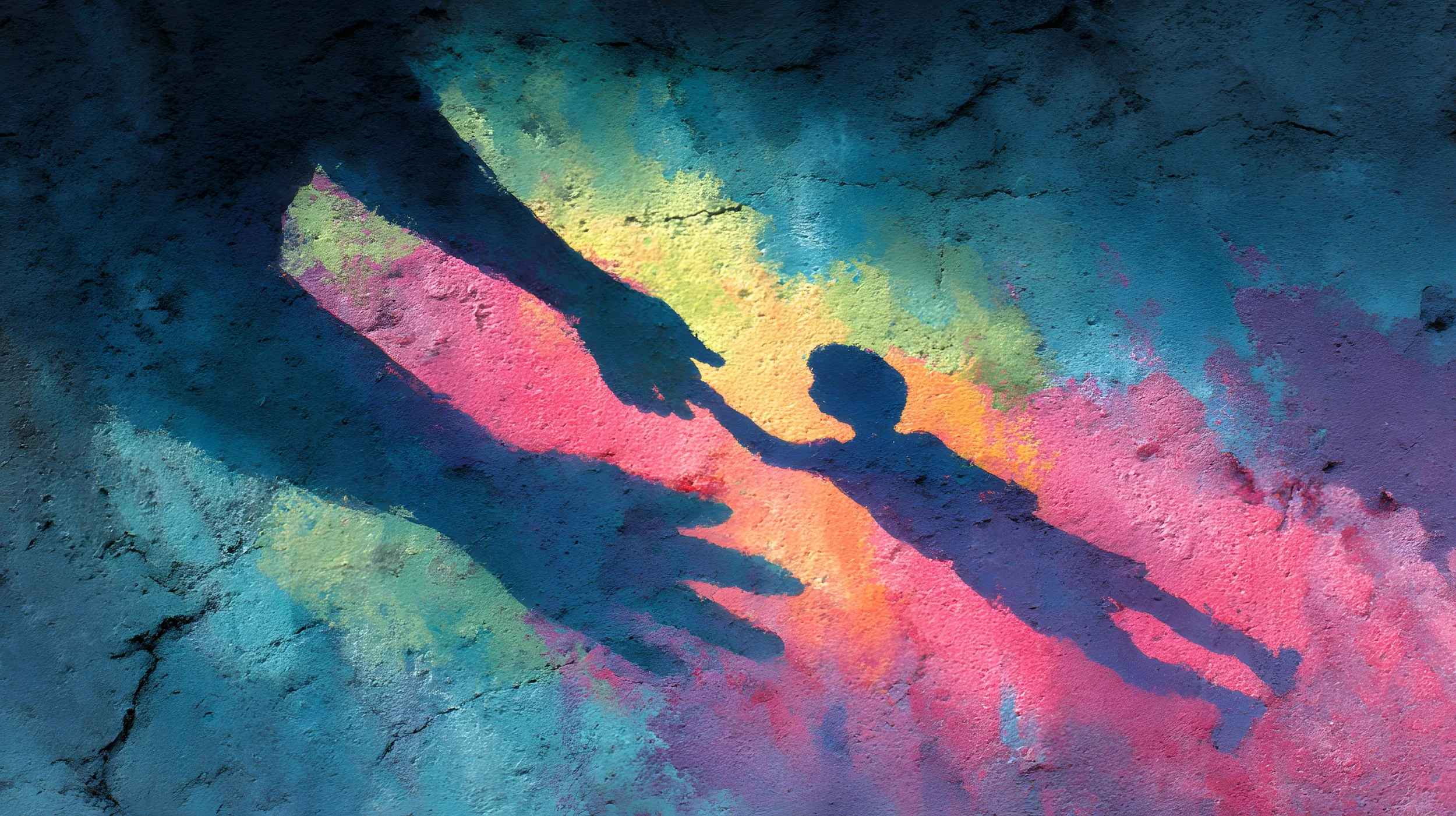 Silhouetted hands reaching towards each other on a colorful, textured background that resembles street art or a mural.