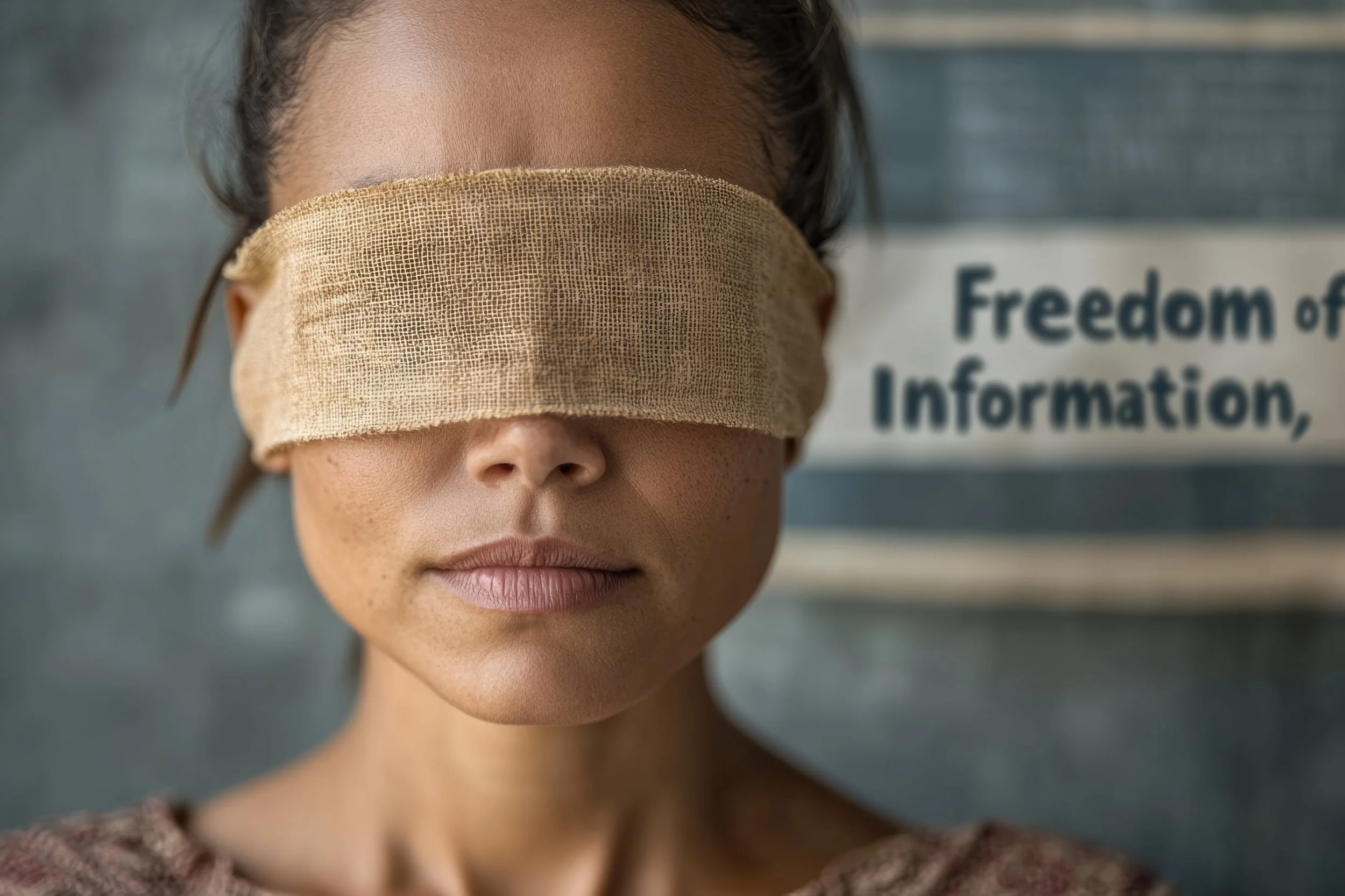 A woman with a beige fabric band covering her eyes, standing in front of a sign that reads 'Freedom of Information'.