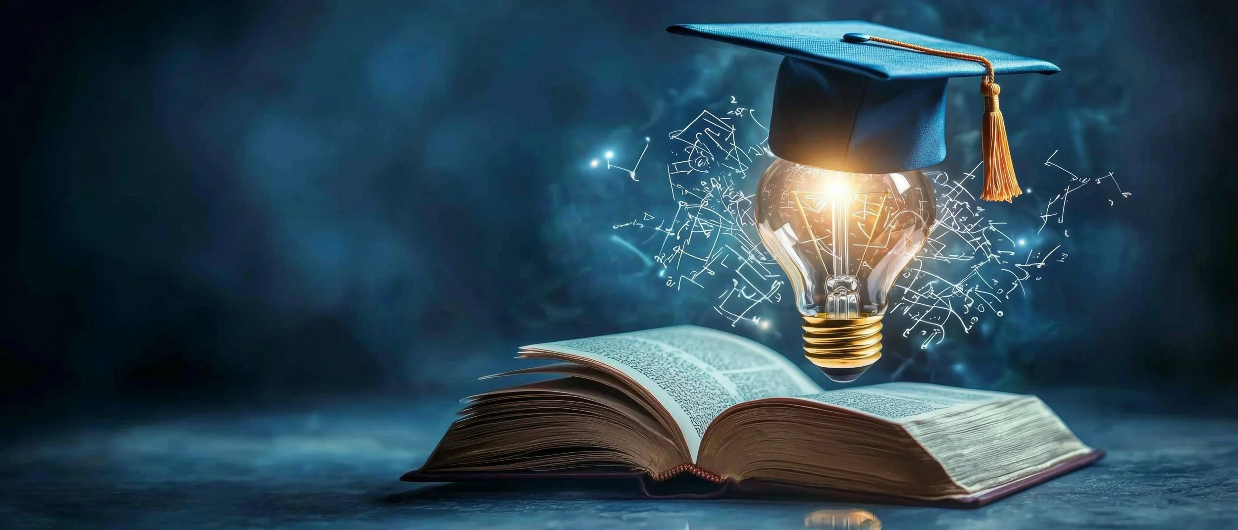 Open book with a glowing light bulb floating above it, wearing a blue graduation cap, with digital mathematical and scientific formulas around it.