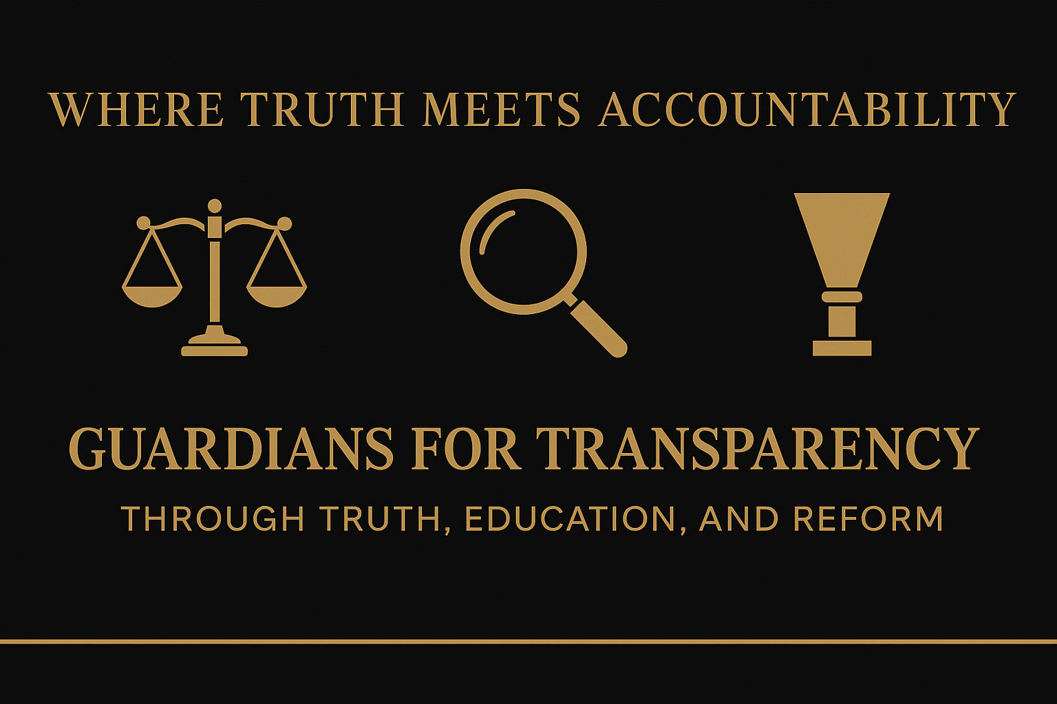 Text reading 'Where truth meets accountability. Guardians for transparency through truth, education, and reform' with icons of scales, magnifying glass, and torch on a black background with gold lettering.