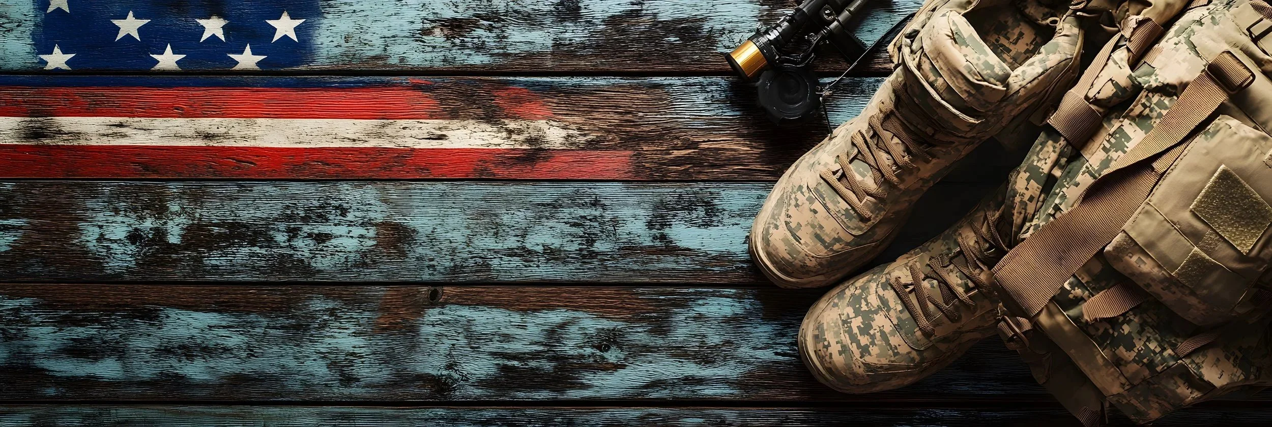 Military camouflage boots, tactical gear, a water bottle, and binoculars on a wooden surface painted with an American flag design.
