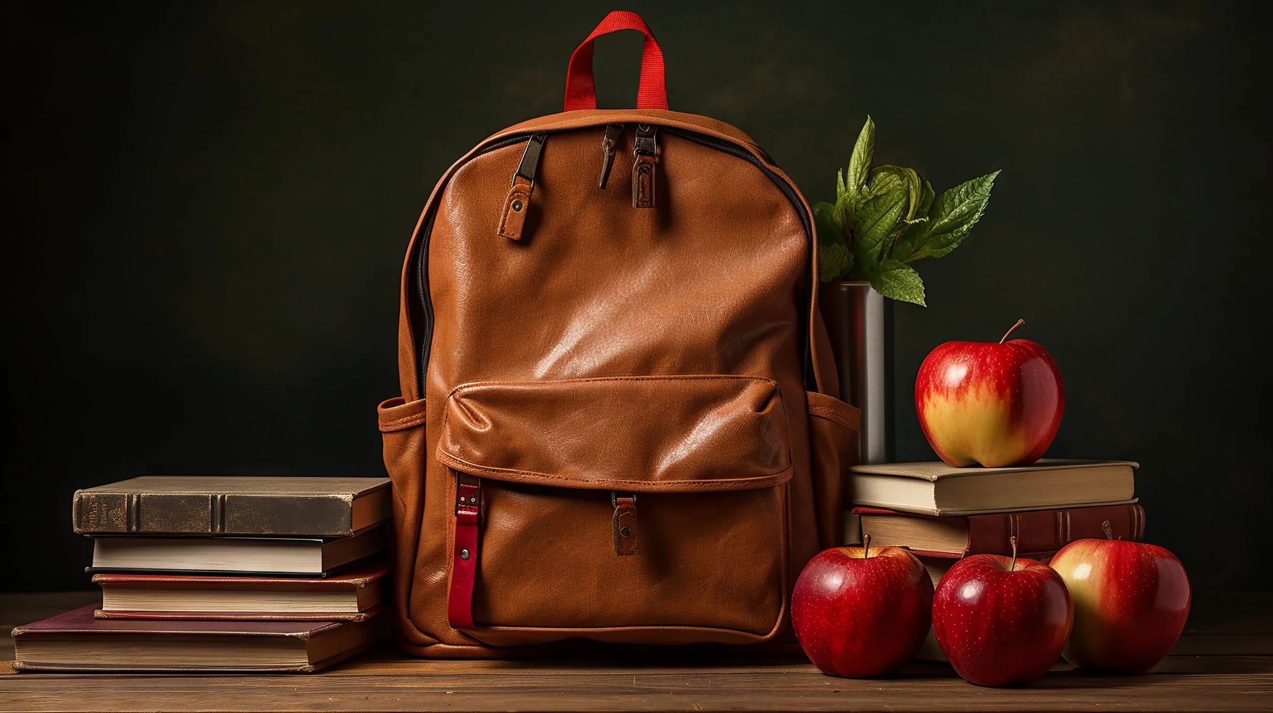 Brown leather backpack on wooden surface flanked by books, apples, and a potted plant with green leaves against a dark background.