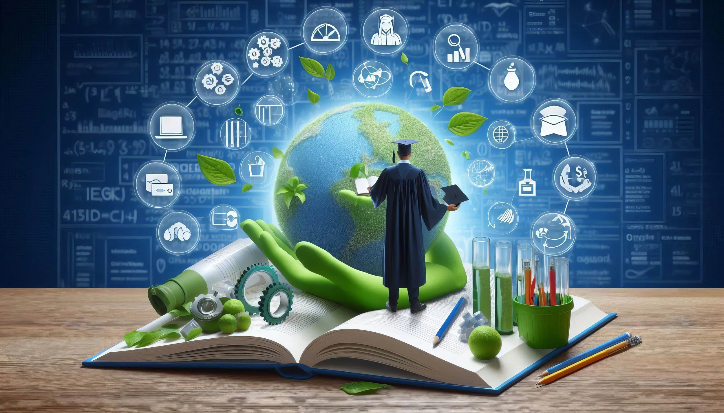 A person in graduation attire standing on an open book, with a globe in the background, surrounded by icons related to science, education, and sustainability, and various laboratory equipment and stationery on the table.