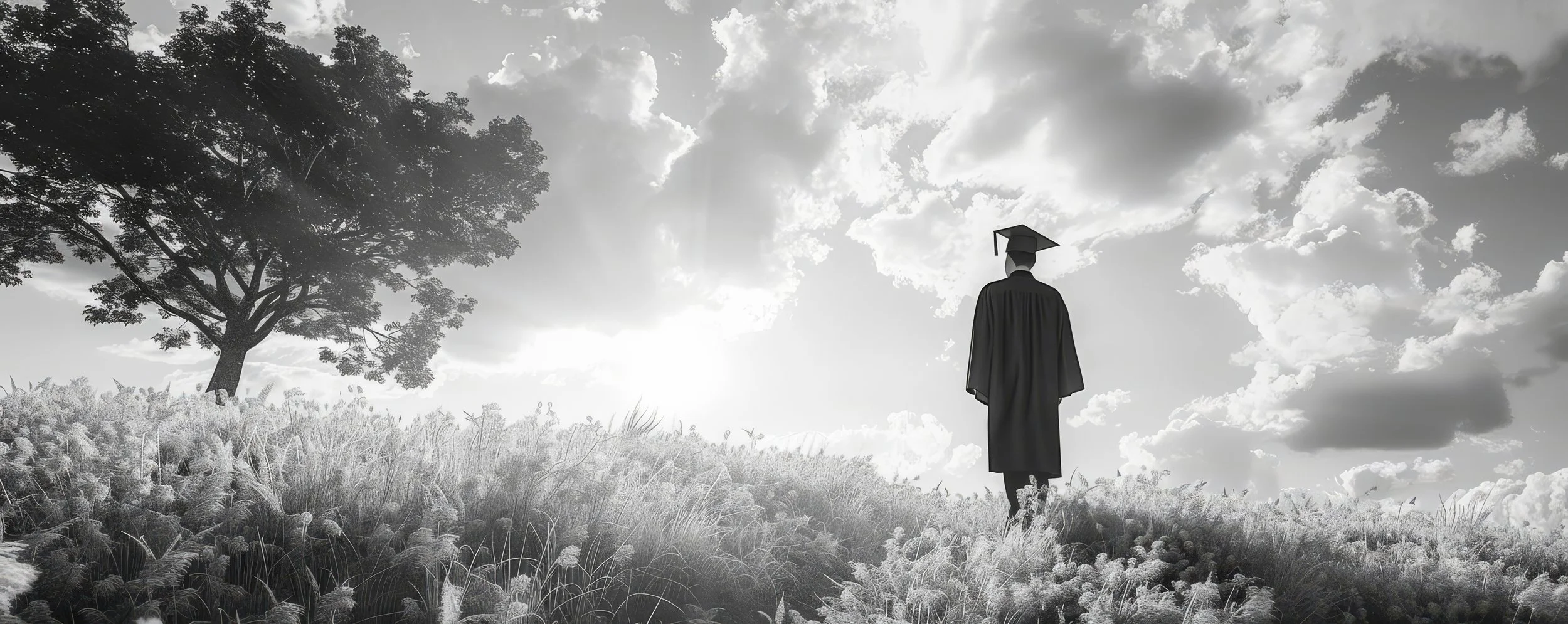 A graduate in a cap and gown stands alone on a grassy hill with tall plants, looking at a large tree and with clouds in the sky.