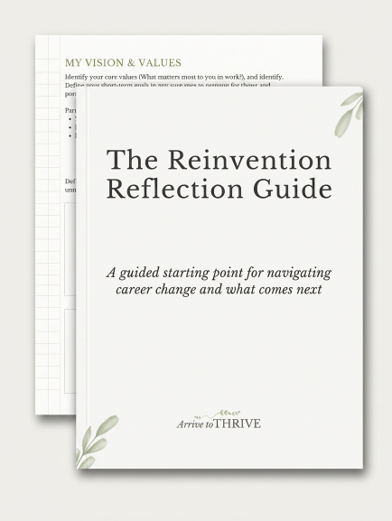 The Reinvention Reflection Guide cover, a guided starting point for navigating career change and what comes next, by Arrive to Thrive.