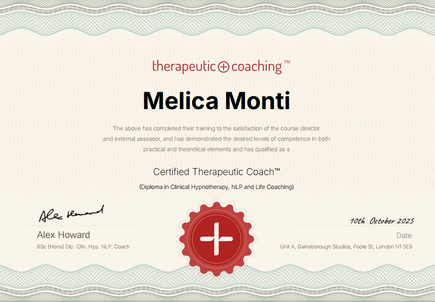 Certificate of completion for Melica Monti in therapeutic coaching, signed by Alex Howard, dated October 10, 2025, from Gainsborough Studios in London.