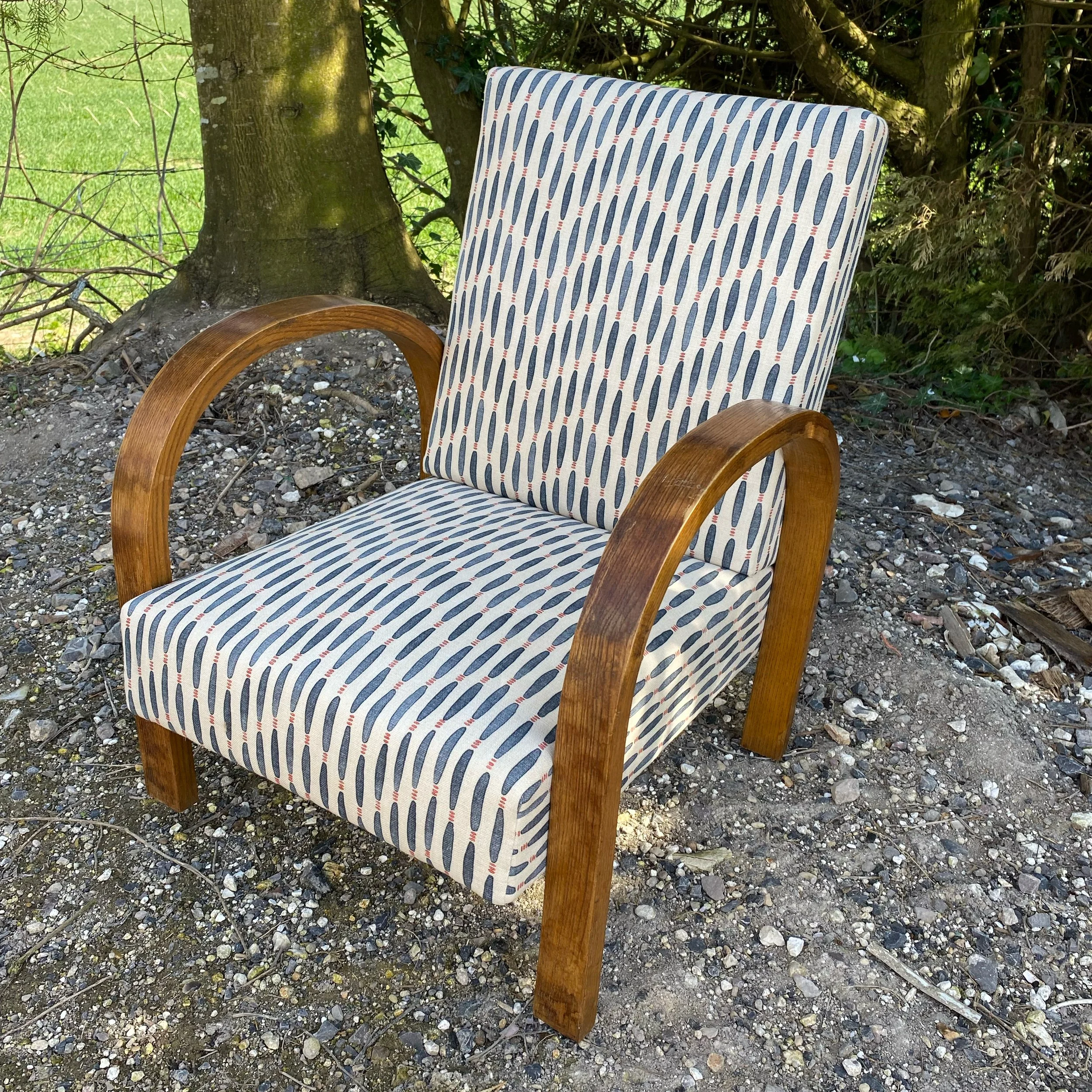 Small child's Art Deco bentwood armchair rebuilt and recovered in Linwood 'smocked' linen.