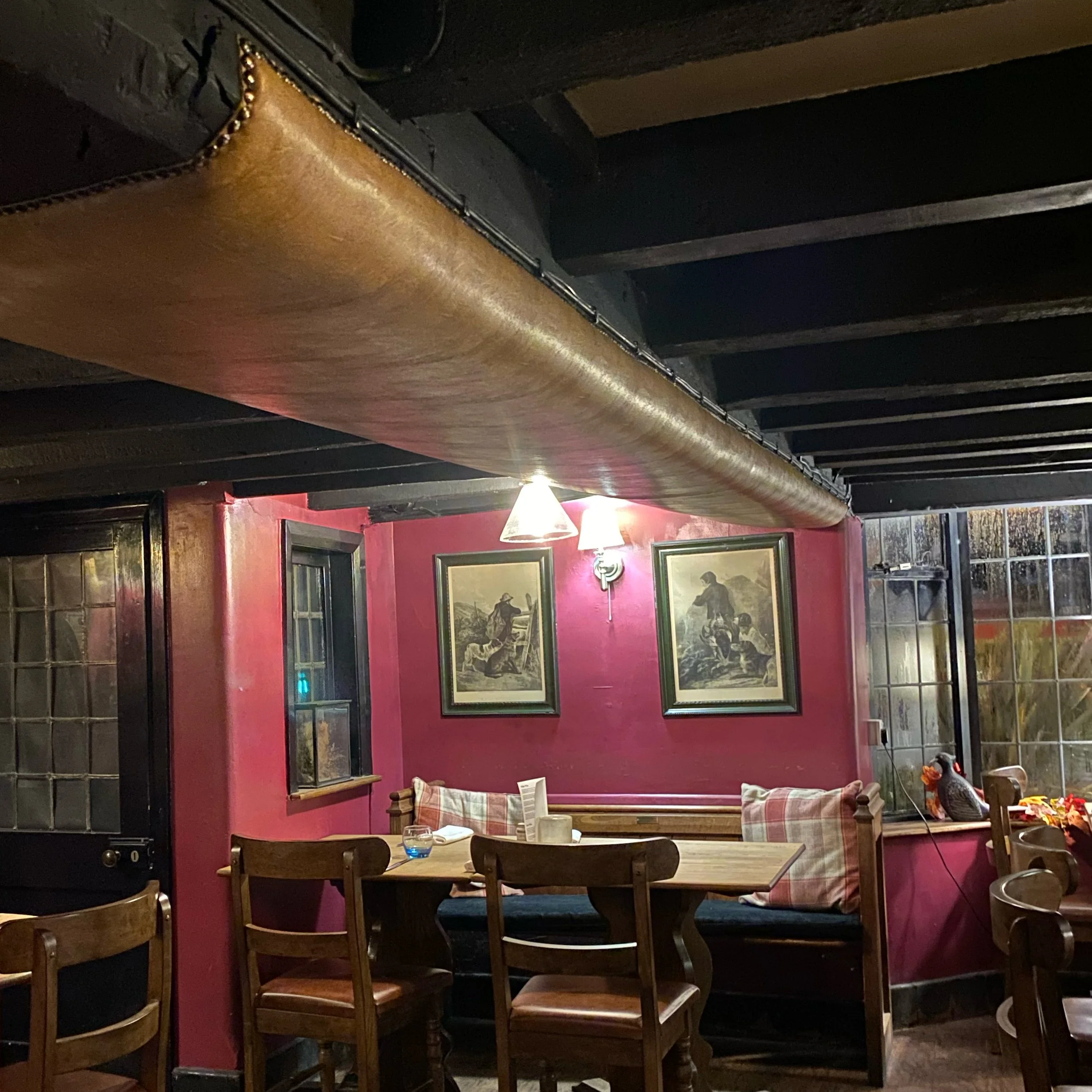 Upholstered beam, The Three Cups, Stockbridge