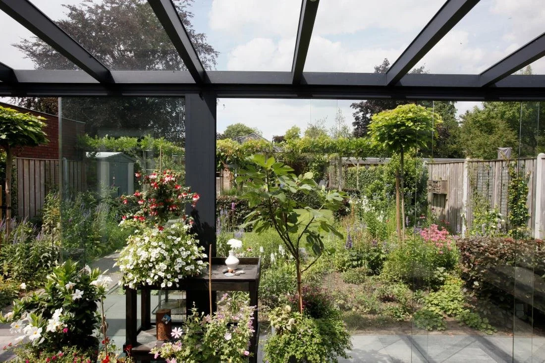 A lush garden viewed through a glass greenhouse or sunroom with various flowering plants and trees, a black table with decorative items, and a wooden fence in the background.