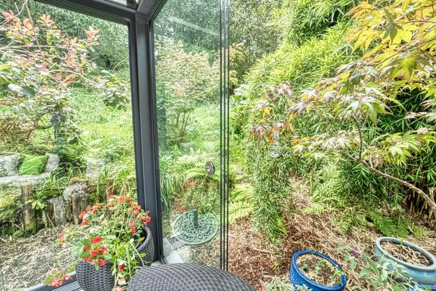 View of lush green garden through glass door, with potted plants and plants in the background.