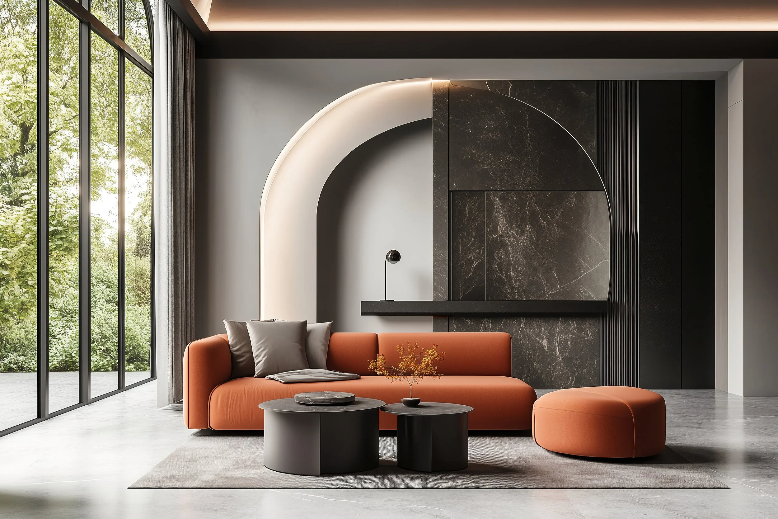 Interior Design brought to life. Modern living room with large floor-to-ceiling windows, black marble accent wall, orange sofa, black circular coffee tables, and minimalist decor.