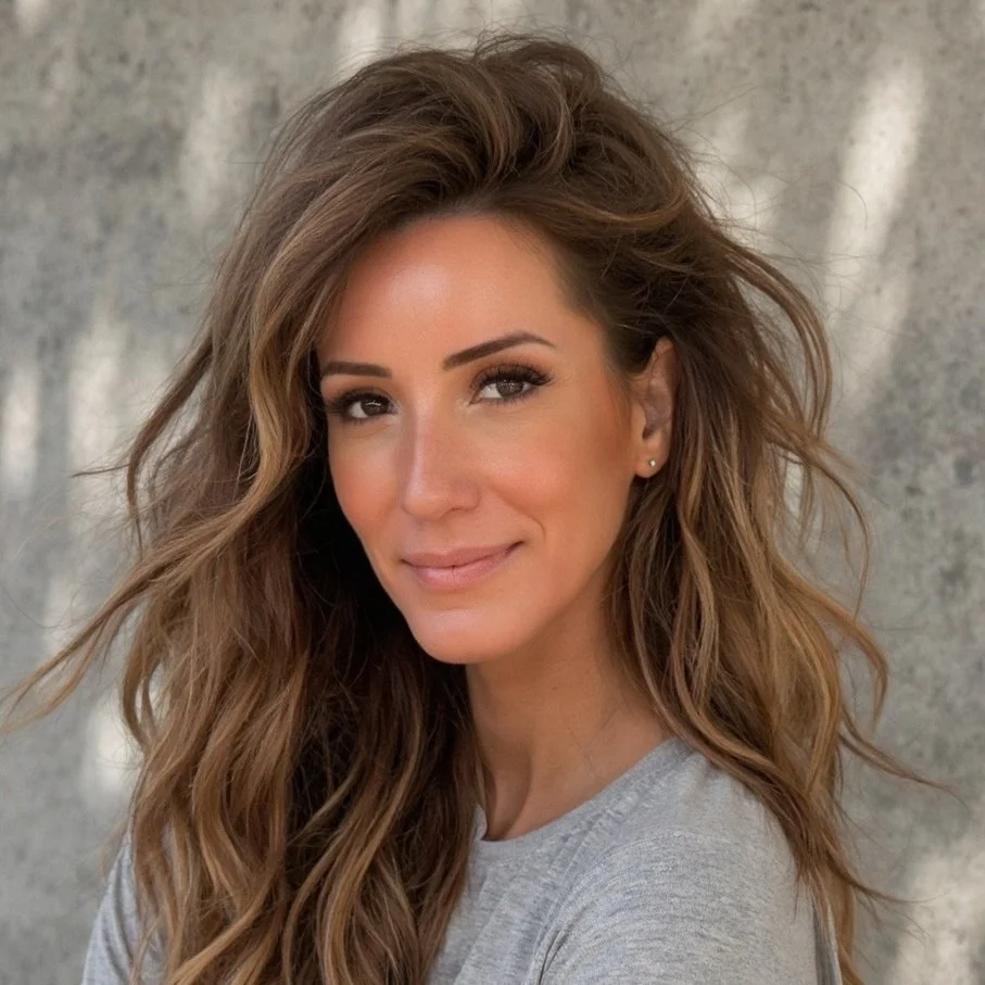 A woman with long, wavy brown hair and light makeup, wearing a gray top, standing outdoors in front of a concrete wall.