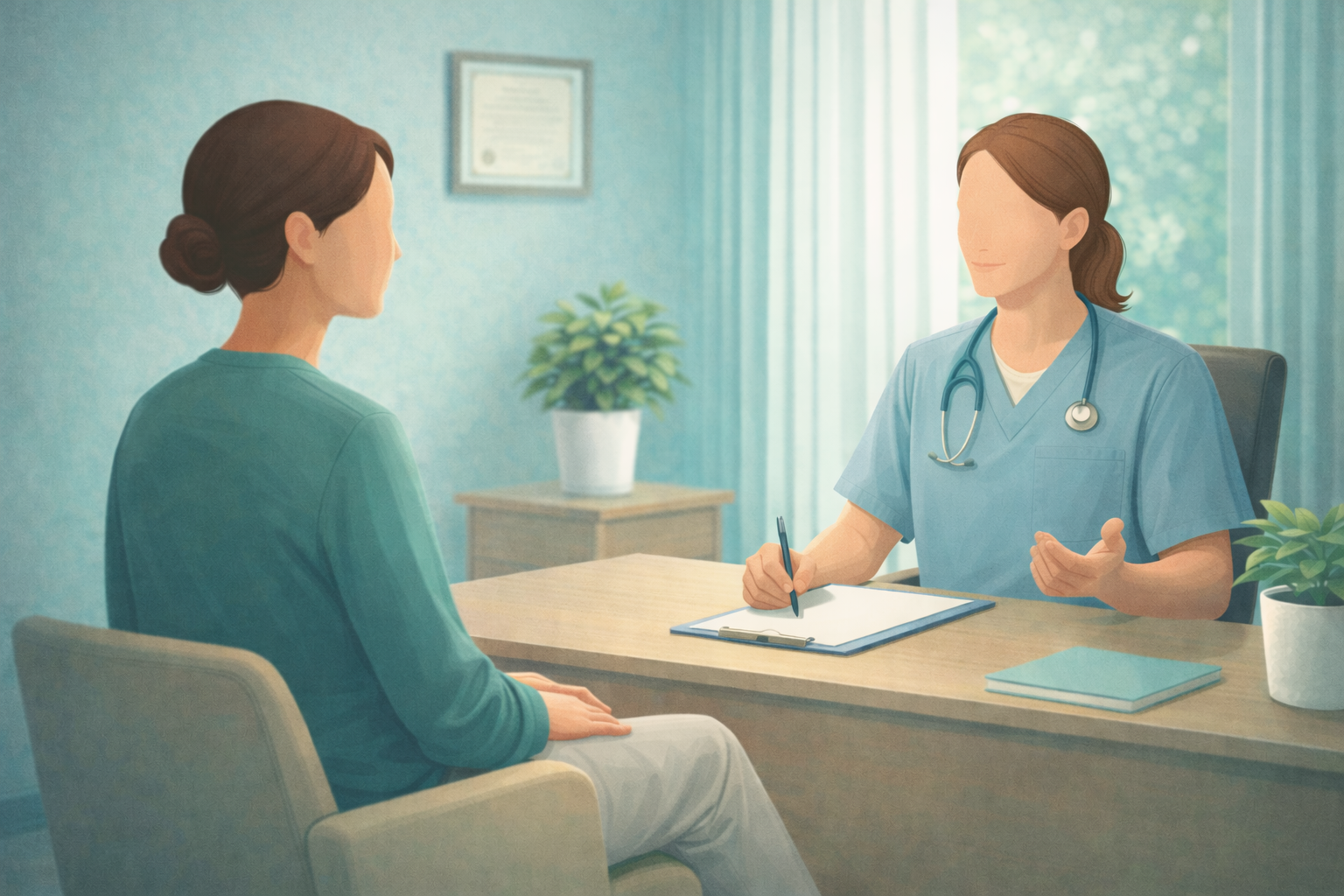 A healthcare professional, probably a nurse, talking to a woman, possibly a patient, in an office with medical certificates on the wall and potted plants on the desk and window sill.