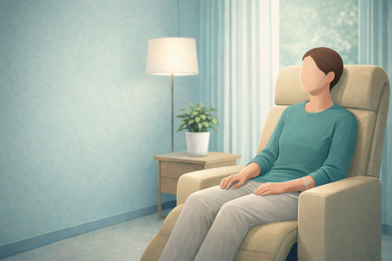 A person sitting in a beige recliner chair in a room, with an IV arm band, a side table with a potted plant, a lamp, and blue curtains with sunlight coming through.