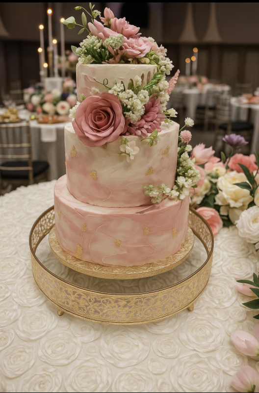 Three-tiered pink and white wedding cake decorated with fresh pink and white flowers, including roses and hydrangeas, placed on a gold and glass stand on a white textured table.