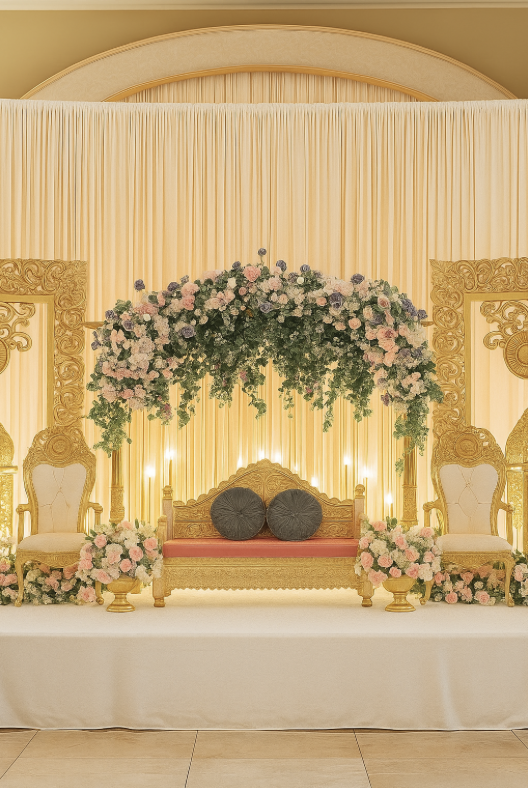 Elegant bridal throne with gold accents, surrounded by floral arrangements and draped curtains in a wedding or ceremonial setting.