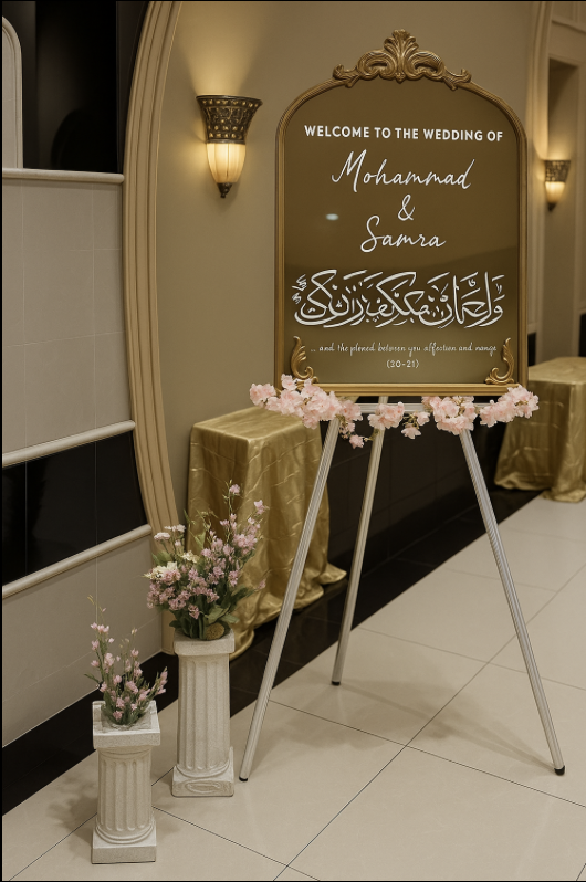 Wedding welcome sign for Mohammad and Samara on an easel with pink flowers, next to two vases with pink flowers, in an elegant indoor setting with gold tablecloths and decorative lighting.