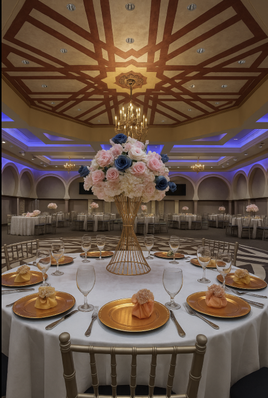 Elegant banquet hall decorated for a wedding or formal event with a round table set with gold chargers, peach napkins, wine glasses, and a large floral centerpiece with pink and blue roses.