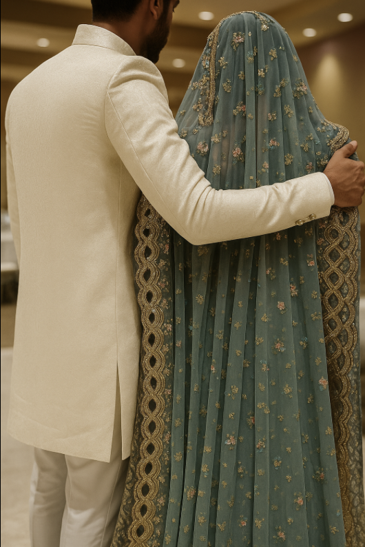 A couple dressed in traditional attire, with the man in a cream-colored suit and the woman in a teal embroidered saree, embracing in an indoor setting.