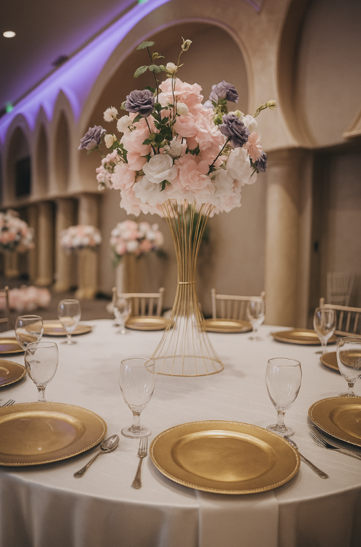 Elegant banquet table with a tall floral centerpiece featuring pink and purple flowers, set with gold plates, wine glasses, and silverware in a decorated hall.