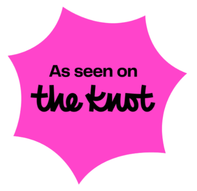 Pink star-shaped balloon with black text that reads "As seen on the knot".