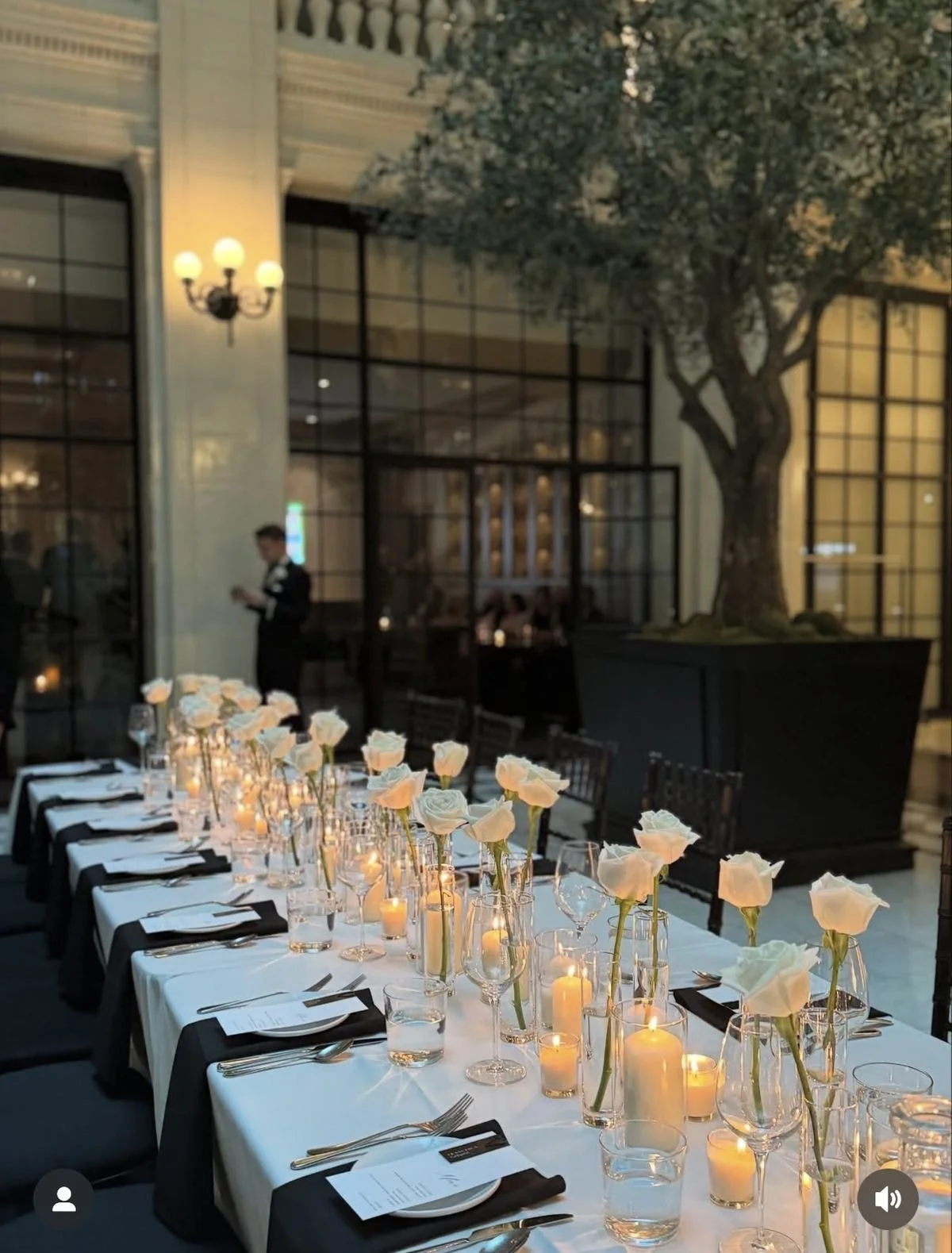 Elegant banquet table with white roses and candles, set for a formal dinner in a restaurant with large glass windows and a tree outside.