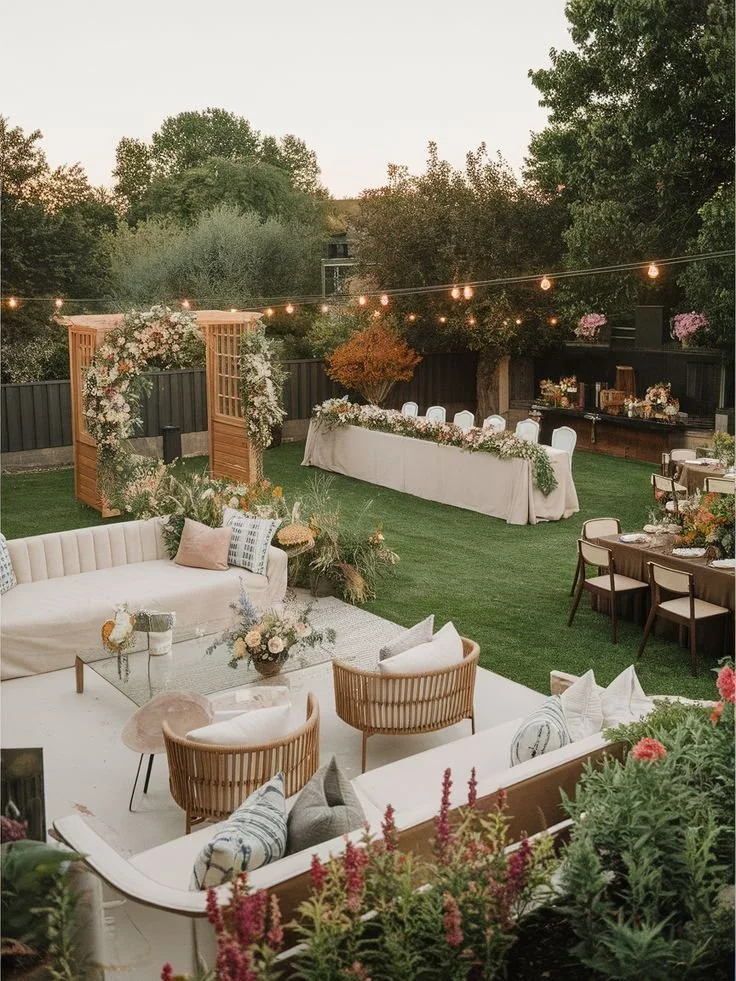 Decorated backyard for a wedding or celebration with string lights, a floral arch, tables with floral centerpieces, a sofa, and chairs arranged on a grass lawn surrounded by trees and plants.