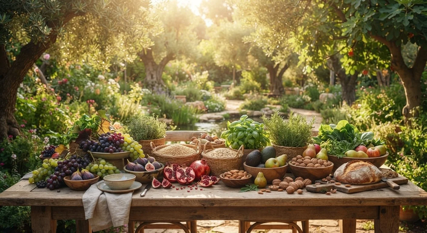 A rustic outdoor wooden table filled with fresh fruits, vegetables, nuts, herbs, and bread set in a lush garden with sunlight streaming through trees.
