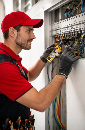 Technician working on electrical panel, wearing red cap and gloves, holding a multi-meter.