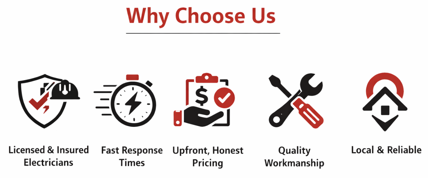 Why Choose Us electrician icons showing licensed and insured electricians, fast response times, upfront honest pricing, quality workmanship, and local reliable electrical services.