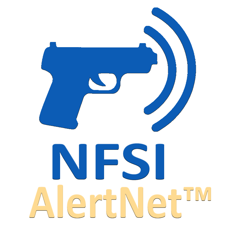 Logo featuring a blue gun with shock waves and the text "NFSI AlertNet".