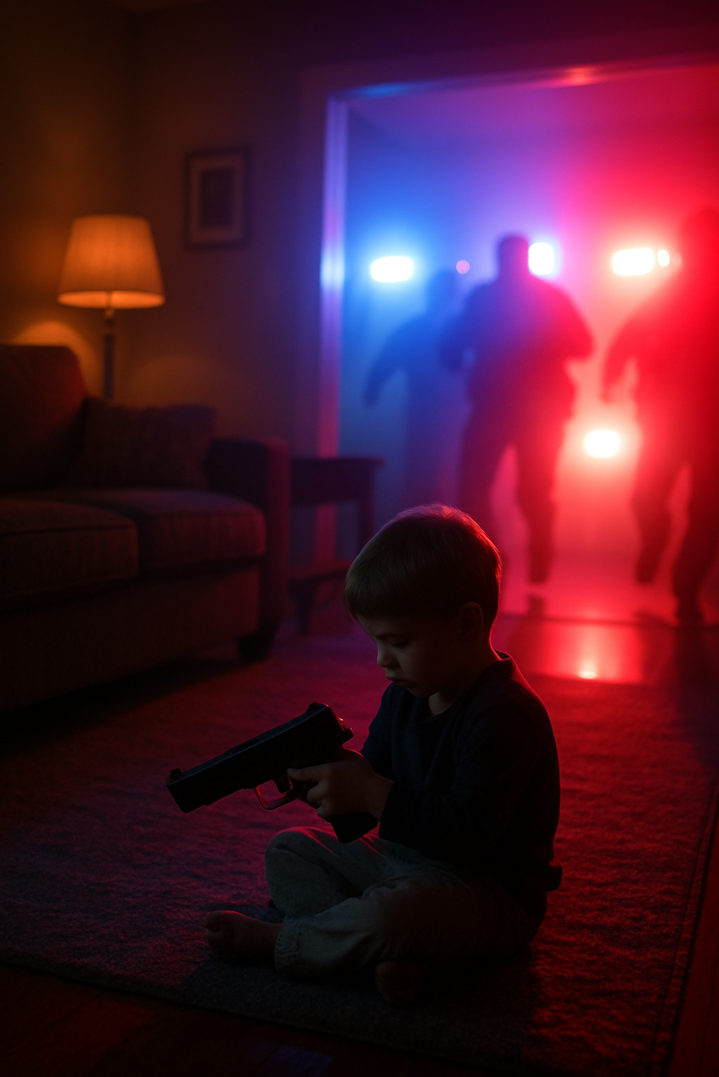 A young boy sitting on the floor playing with a toy gun in a dimly lit room. The background shows a doorway with police flashing lights illuminating the room with red and blue.