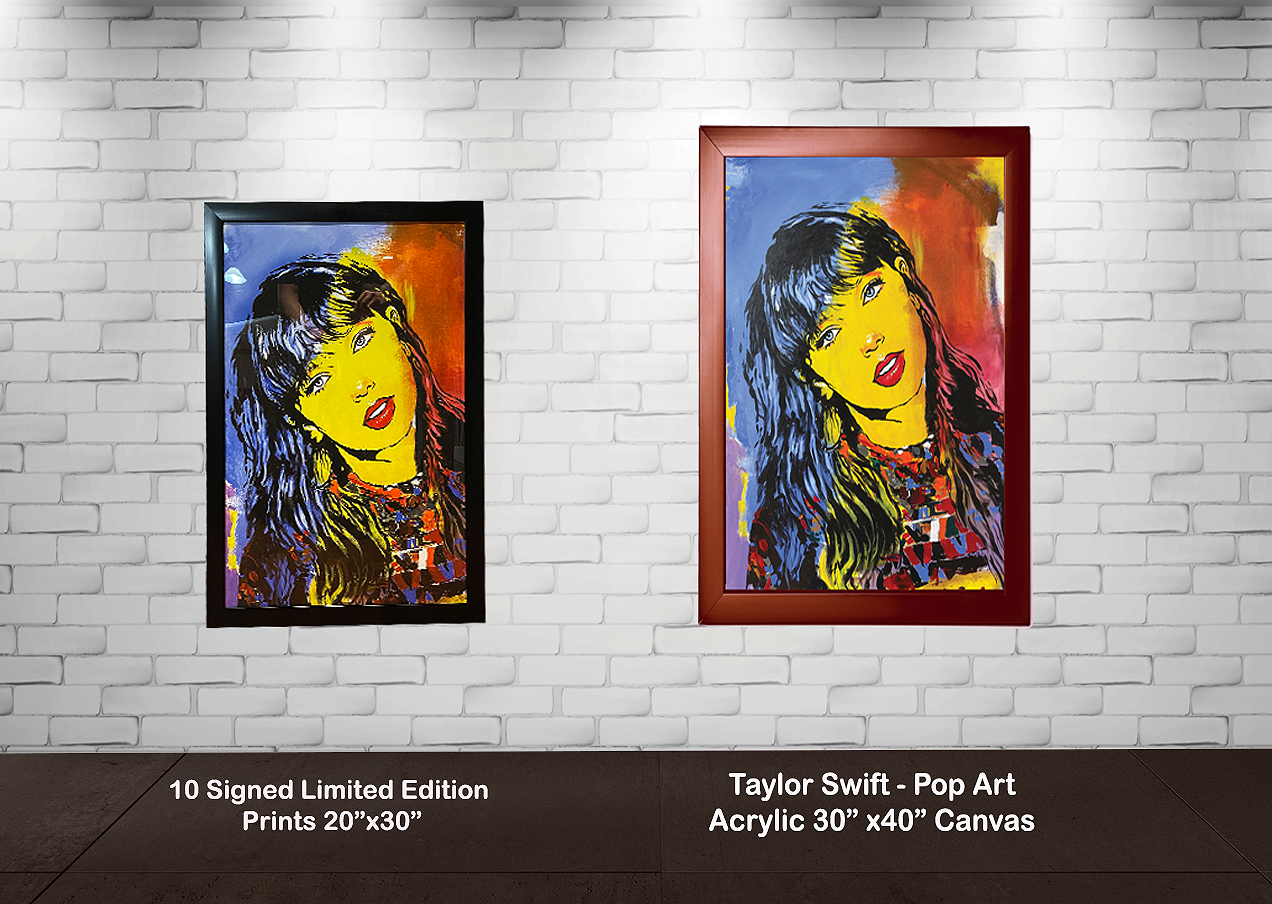 Two colorful pop art portraits of a woman on a white brick gallery wall, one framed in black and the other in brown. Text below describes the artwork: "10 Signed Limited Edition Prints 20"x30"" and "Taylor Swift - Pop Art Acrylic 30"x40" Canvas."