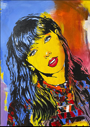 A colorful painting of a young woman with long black hair, wearing a patterned top, with a yellow background and red, blue, and orange accents.