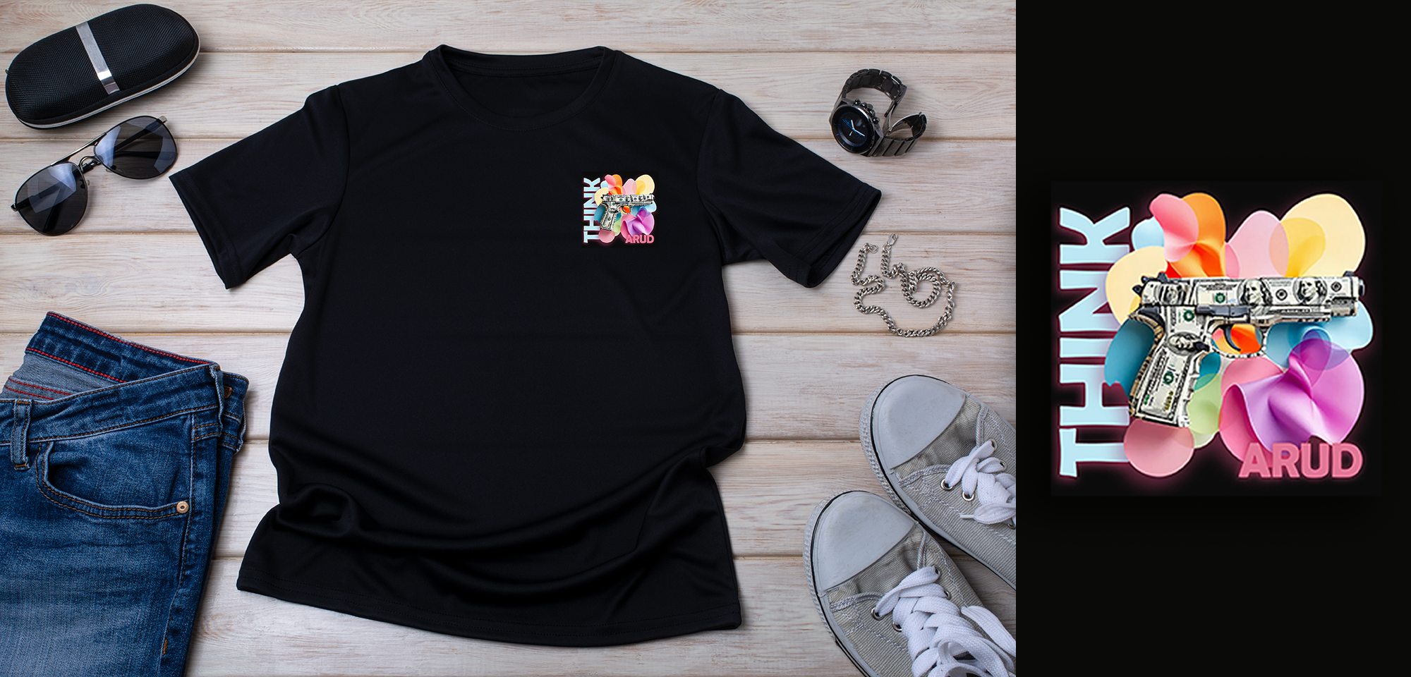 Flat lay of a black T-shirt with a colorful graphic of a gun and balloons, blue jeans, white sneakers, sunglasses, a watch, a chain, and a black speaker on a wooden surface. An inset shows the T-shirt graphic with text 'THINK ARUD'.