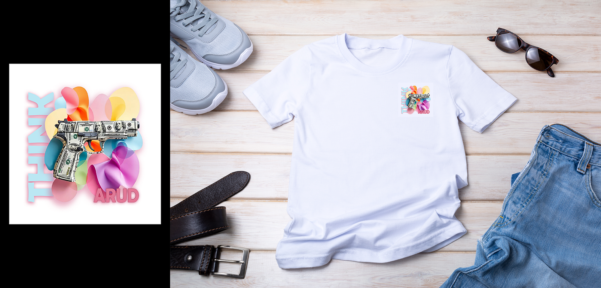 Flat lay of a white T-shirt with a colorful graphic featuring a gun made of dollar bills, pink and purple abstract shapes, and the words 'TEENAGE ARUD' on a light wooden surface. Surrounding the shirt are gray sneakers, black sunglasses, blue jeans, and a black belt.