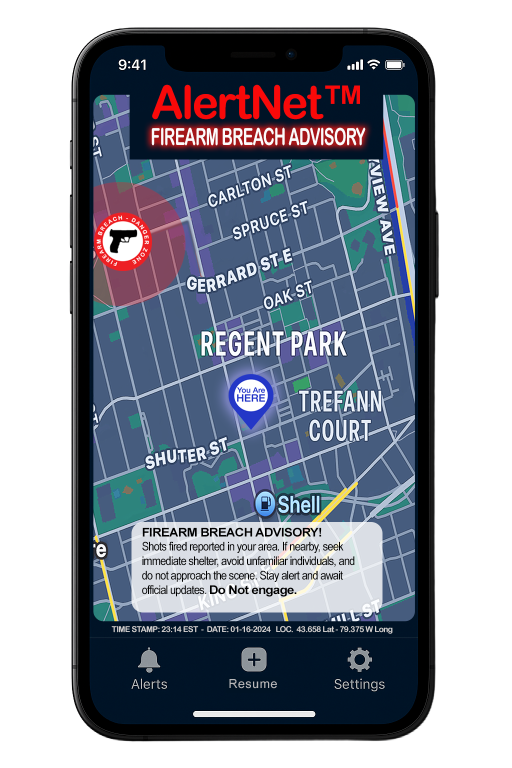 Mobile phone screen displaying a firearm breach advisory alert map with a 'You Are HERE' marker at Regent Park area. Streets such as Carlton Street, Spruce Street, Gerrard Street East, Oak Street, Shuter Street are visible. There is a warning note at the bottom advising to seek shelter and avoid individuals, with a timestamp and location coordinates.