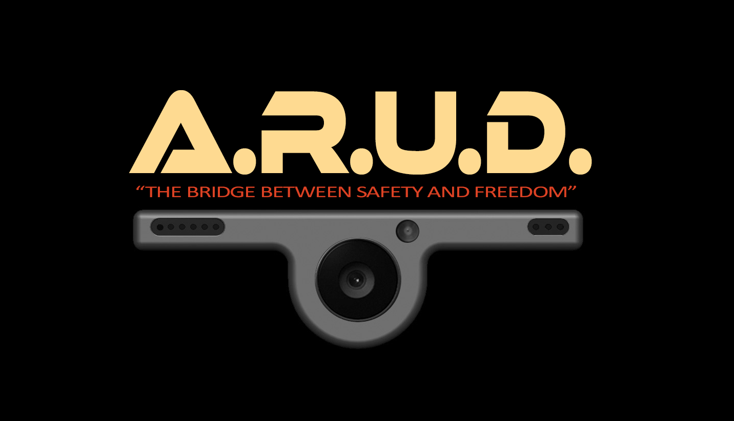 Graphic design with bold text 'A.R.U.D.' and a subtitle in red 'The bridge between safety and freedom', featuring a modern camera or sensor device on a black background.