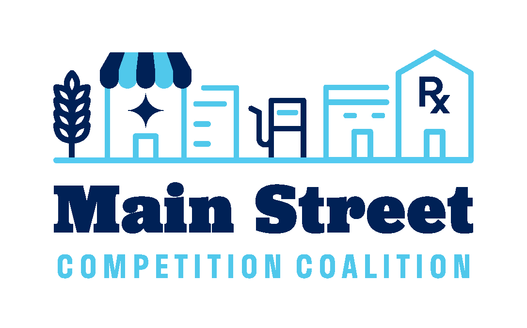 Logo for Main Street Competition Coalition featuring stylized storefronts, pharmacy, a store with an awning, a tree, and a star, in blue shades.