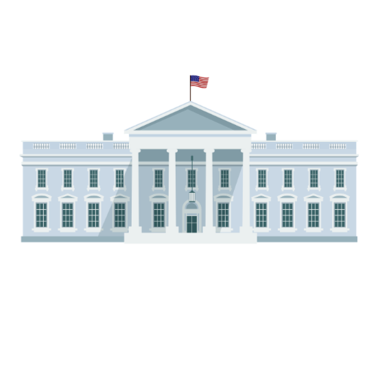 Illustration of the White House with an American flag on top, set against a black background.