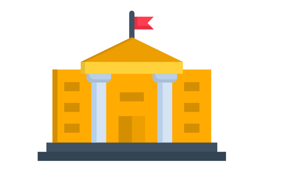 A cartoon illustration of a government or official building with a yellow facade, tall columns, and a red flag on top.