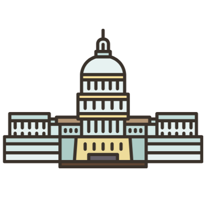 Illustration of a government or capitol building with a large dome and multiple wings.