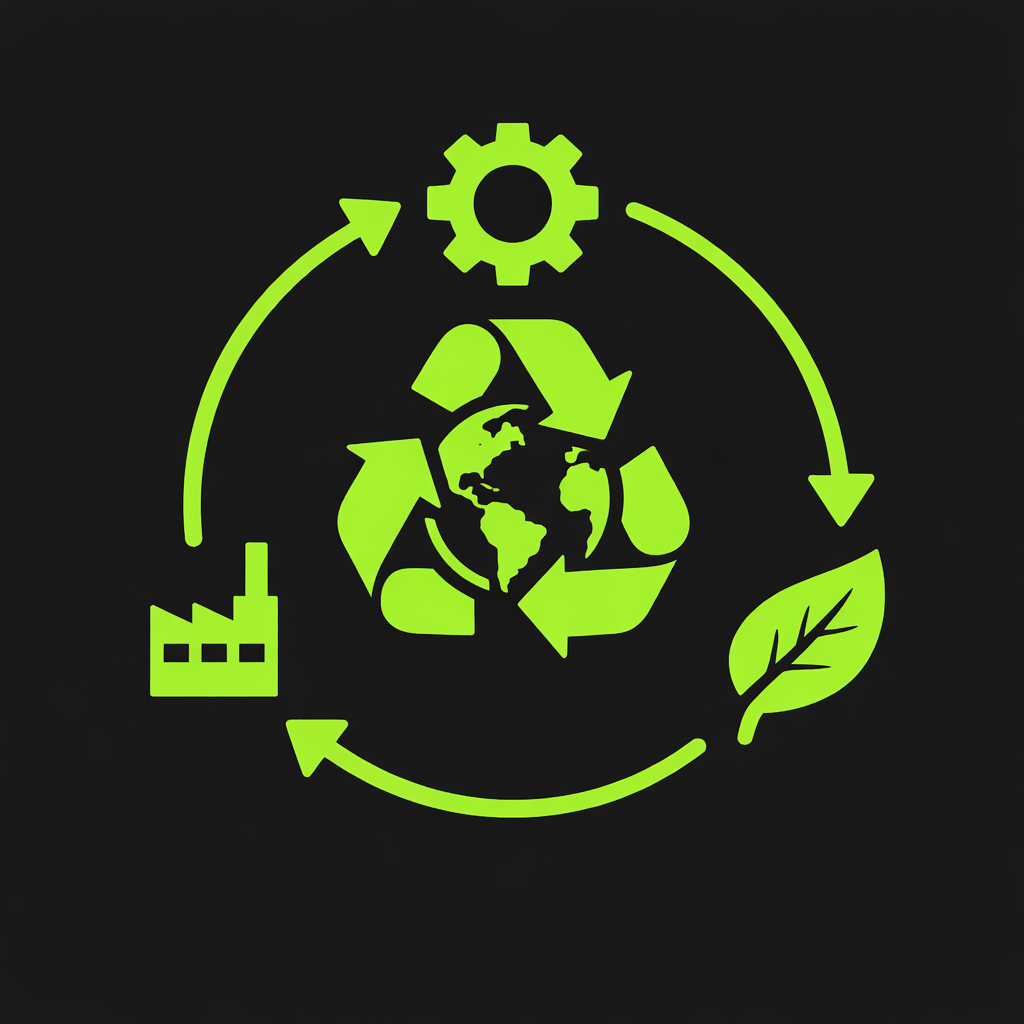 Circular infographic showing the sustainability cycle with six segments: Design, Make, Use, Collect, Transform, Reuse, in colors from dark blue to light green, with icons representing each step.