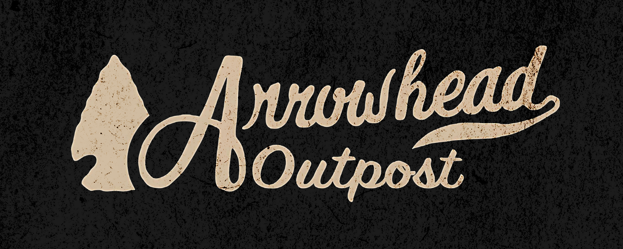 A logo with the text 'Arrowhead Outpost' in a beige, rustic font on a black textured background, with a silhouette of an arrowhead.