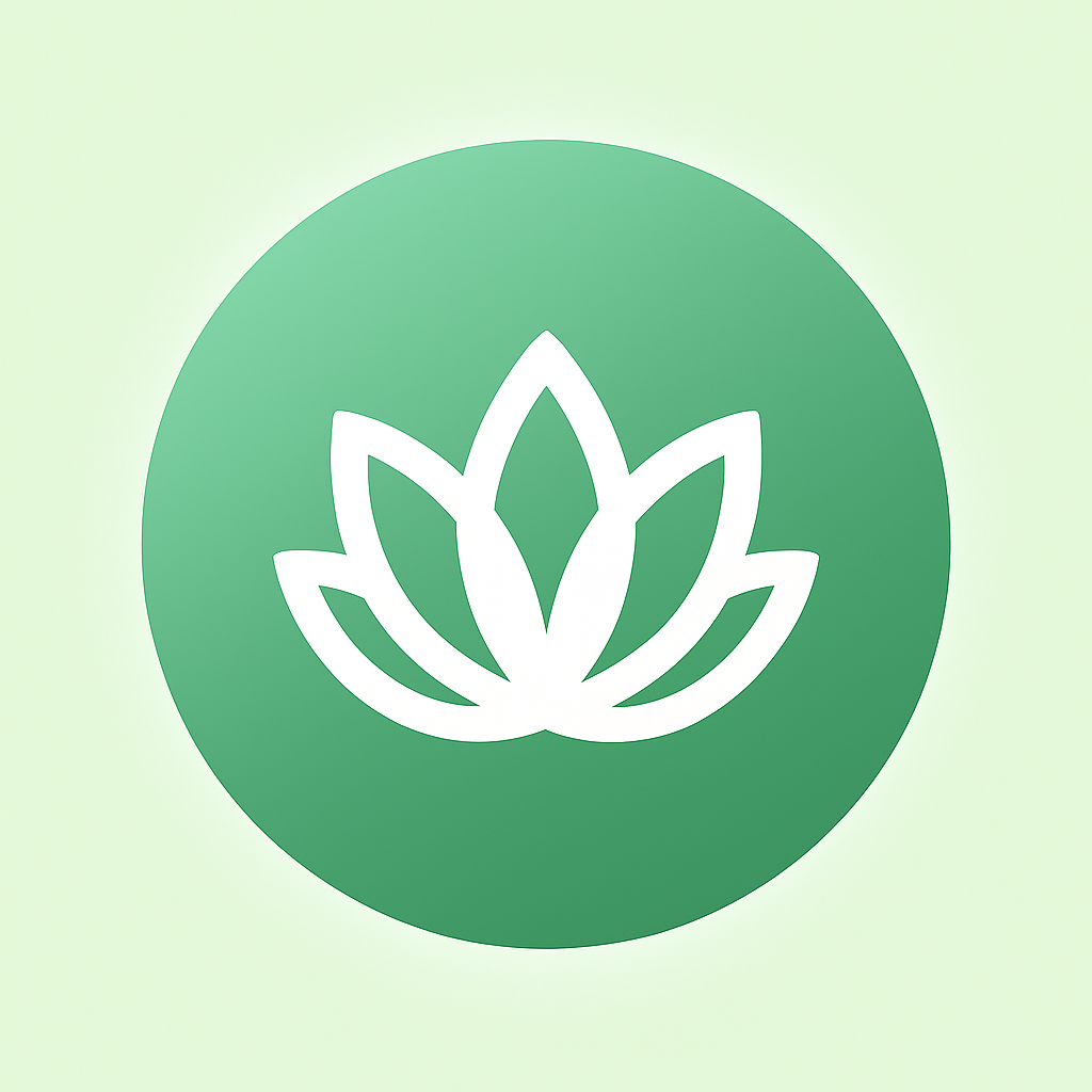 A white lotus flower icon inside a green circular background with a light green gradient.