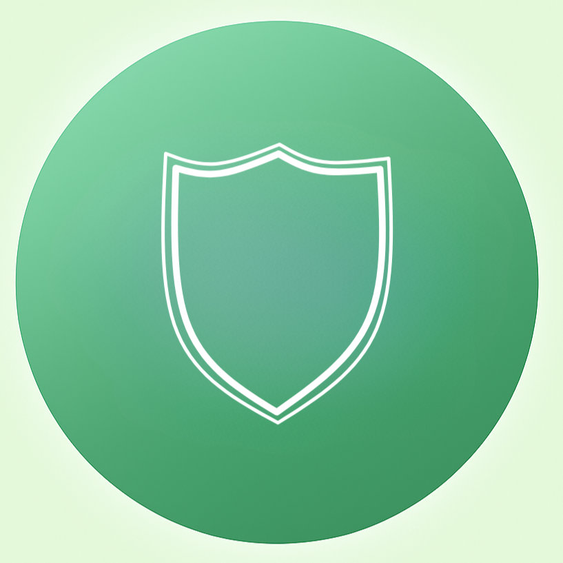 A white outline of a shield icon inside a green circular background.